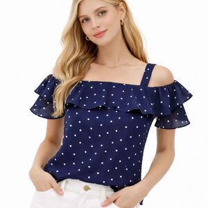 J.Crew Polka Dot Cold Shoulder Ruffle Blouse Navy White Size 10
